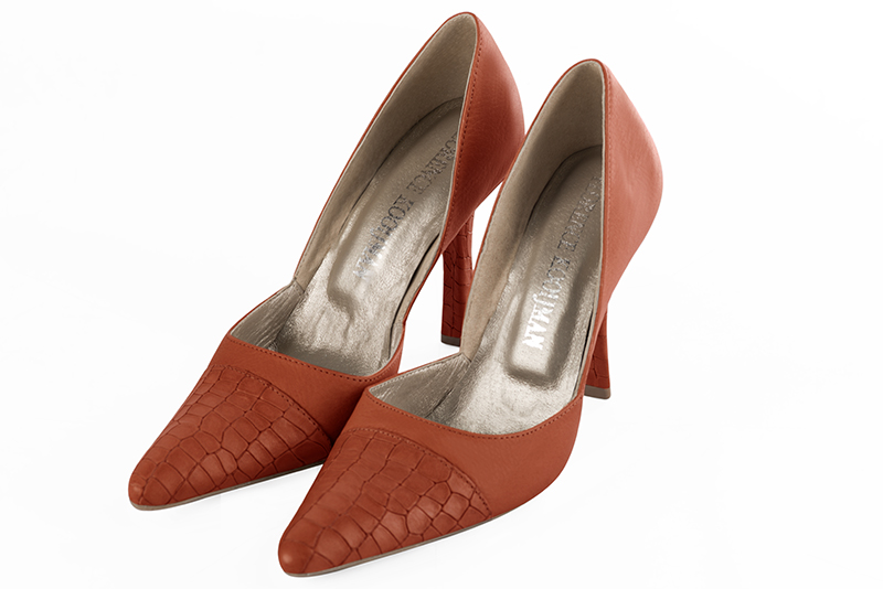 Terracotta orange women's open arch dress pumps. Tapered toe. Very high spool heels - Florence KOOIJMAN
